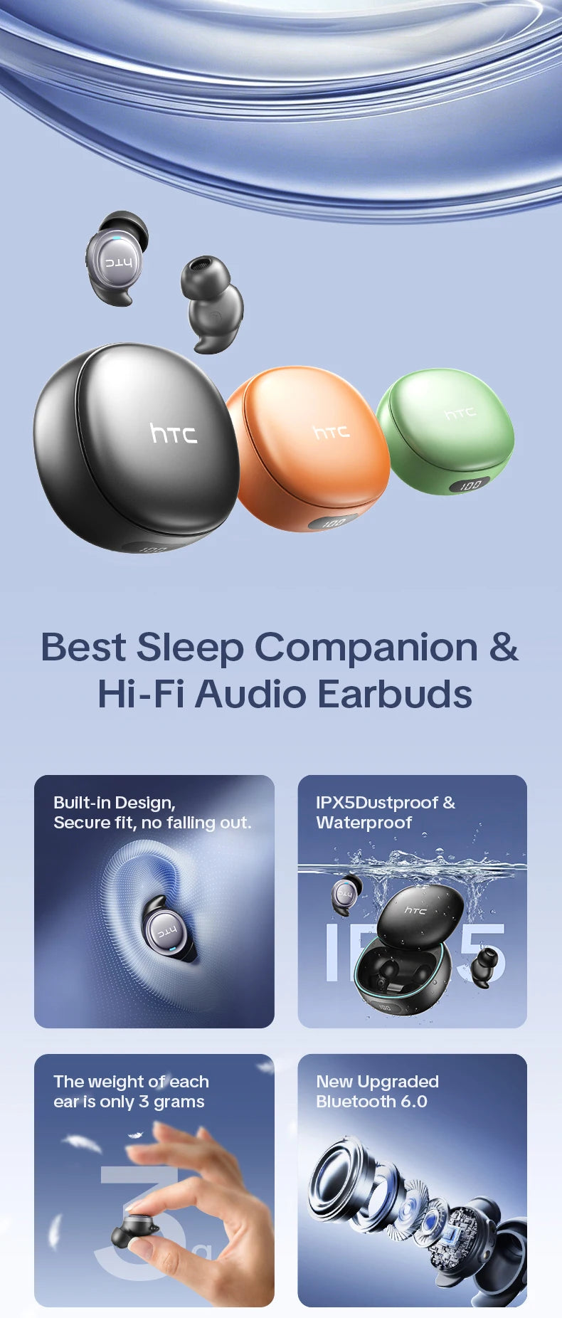 A collection of HTC sleep companion earbuds in black, orange, and green, highlighting their design and features.