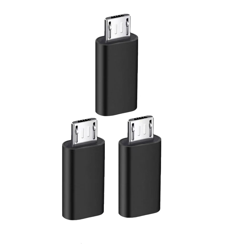 A black USB-C to Micro USB adapter for charging and data sync.