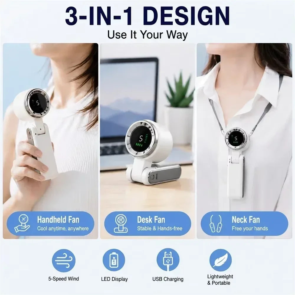 3-in-1 Design: Handhelden, Schreibtisch- und Halsventilator zur persönlichen Kühlung