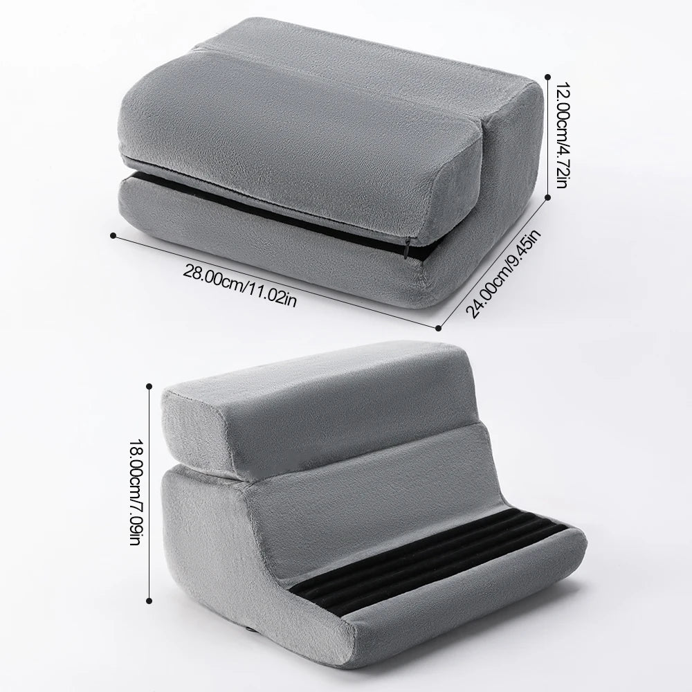 A gray multi-angle tablet and phone stand shown in two configurations with dimensions labeled.