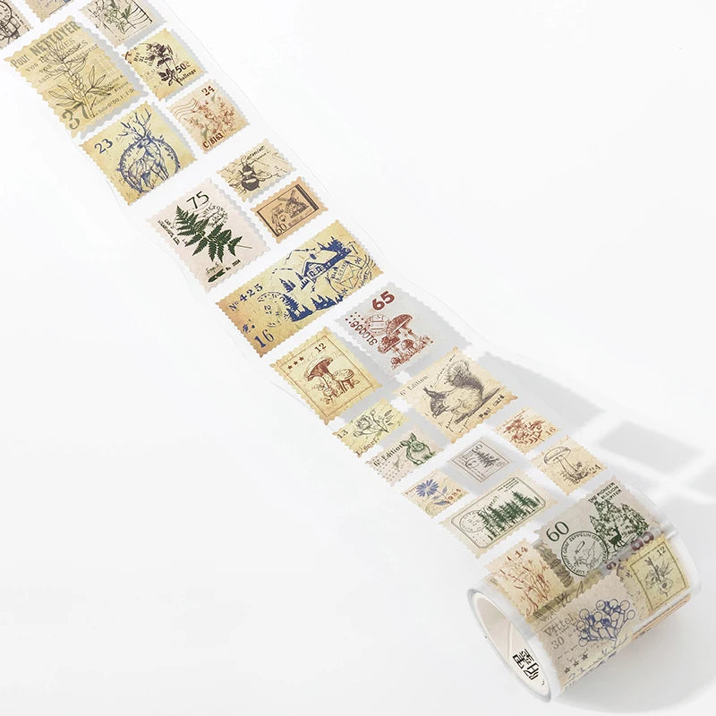 A strip of vintage stamp tape stickers for scrapbooking featuring various historical and natural themes.