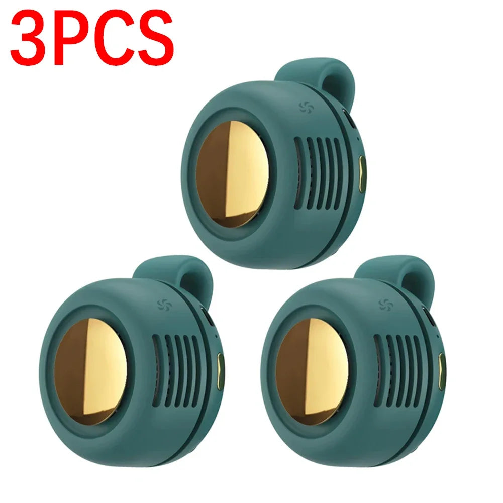 Three teal portable mini blade-less electric fans shown from the top view.
