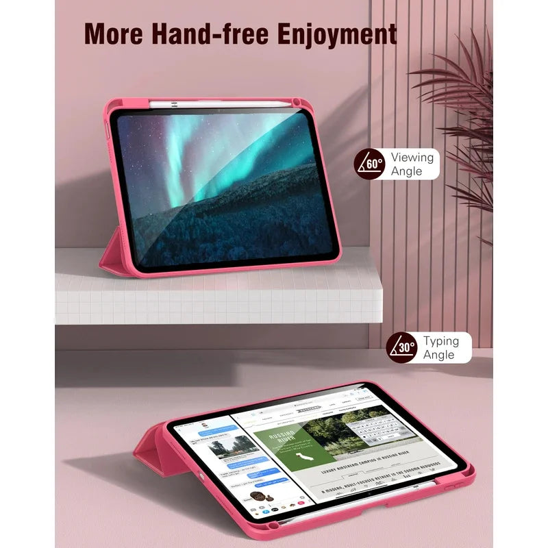 A pink hybrid case for an iPad displays a screen with a green aurora effect and text on the display.