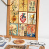 A collage of vintage anatomical biology postcards featuring skeletal, cardiac, and botanical illustrations in a wooden frame.