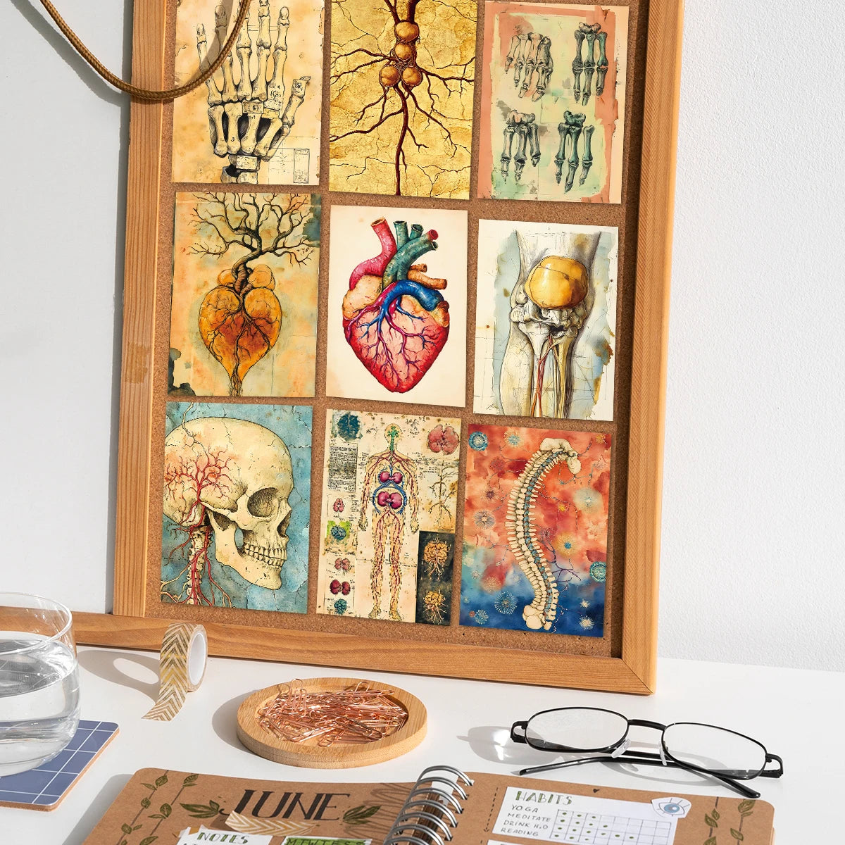 A collage of vintage anatomical biology postcards featuring skeletal, cardiac, and botanical illustrations in a wooden frame.