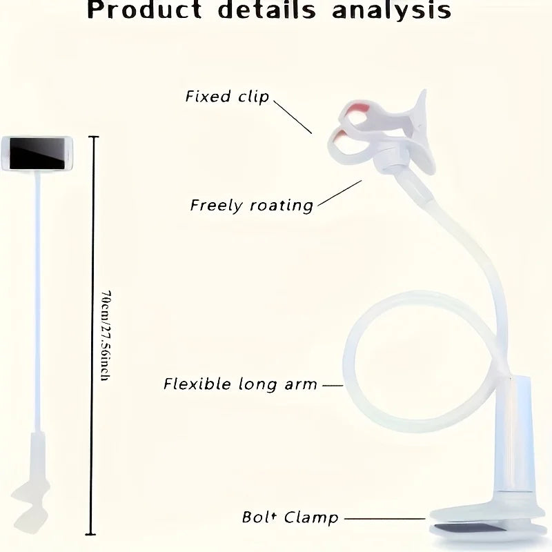 Diagram showing the features of an adjustable tablet and phone holder including a fixed clip, freely rotating joint, flexible