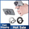 A hand holds a magnetic phone holder stand designed for an iPhone, showing the ring and mounting mechanism.