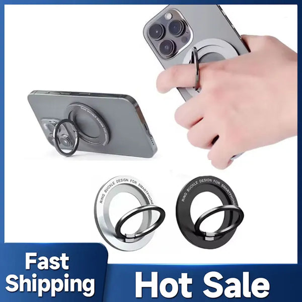 Eine Hand hält einen magnetischen Handyhalter für iPhone, der Ring und Befestigungsmechanismus zeigt.