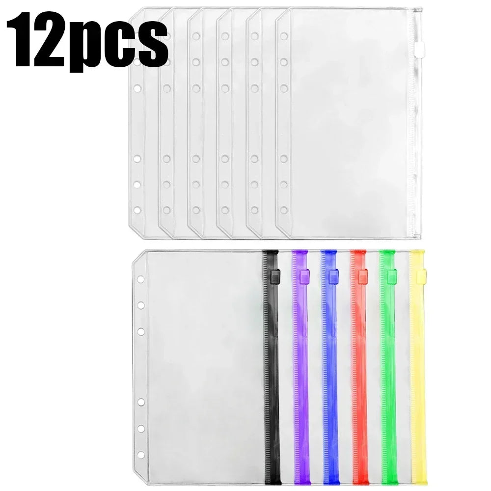 A set of 12 clear PVC zipper binder pockets for cash and small items.