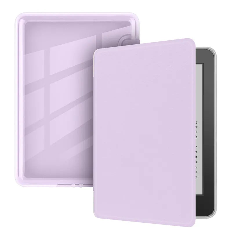 A light purple Kindle Paperwhite protective case with a clear acrylic back cover.