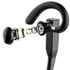 A close-up view of a black wireless Bluetooth earphone with a metallic accent and a flexible neck ring.