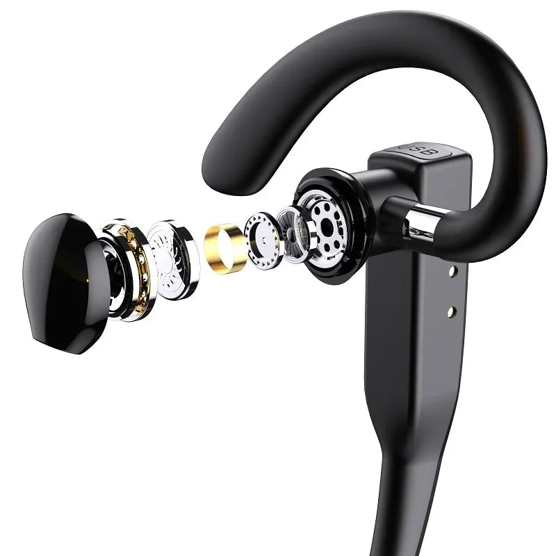 A close-up view of a black wireless Bluetooth earphone with a metallic accent and a flexible neck ring.