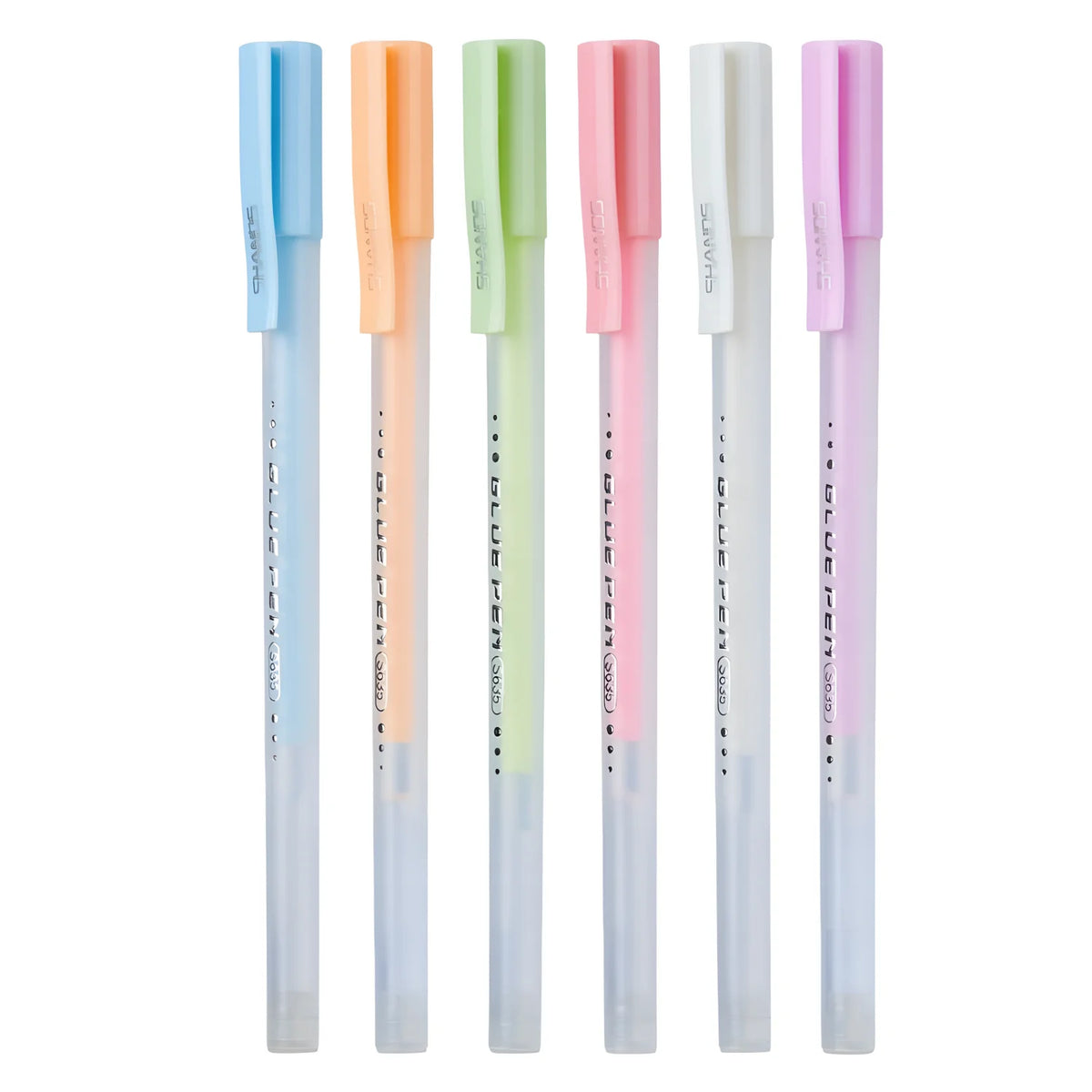 A set of five colored glue pens, including blue, green, and pink shades, for crafting.