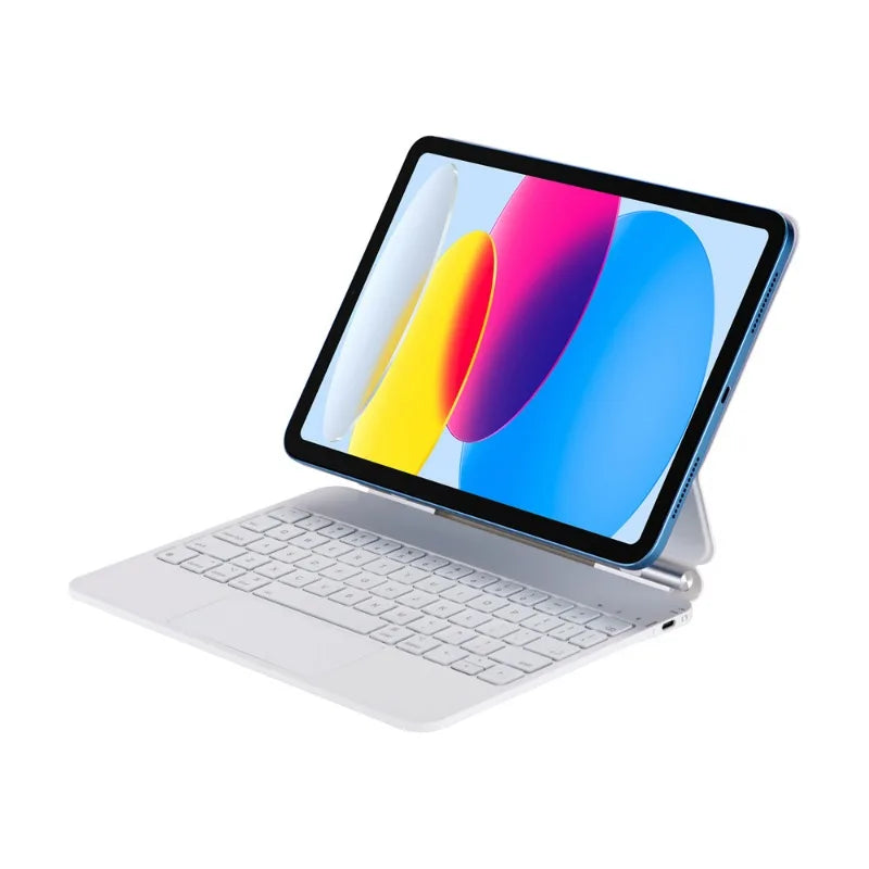 A backlit magic keyboard case for an iPad showing a colorful, translucent display.