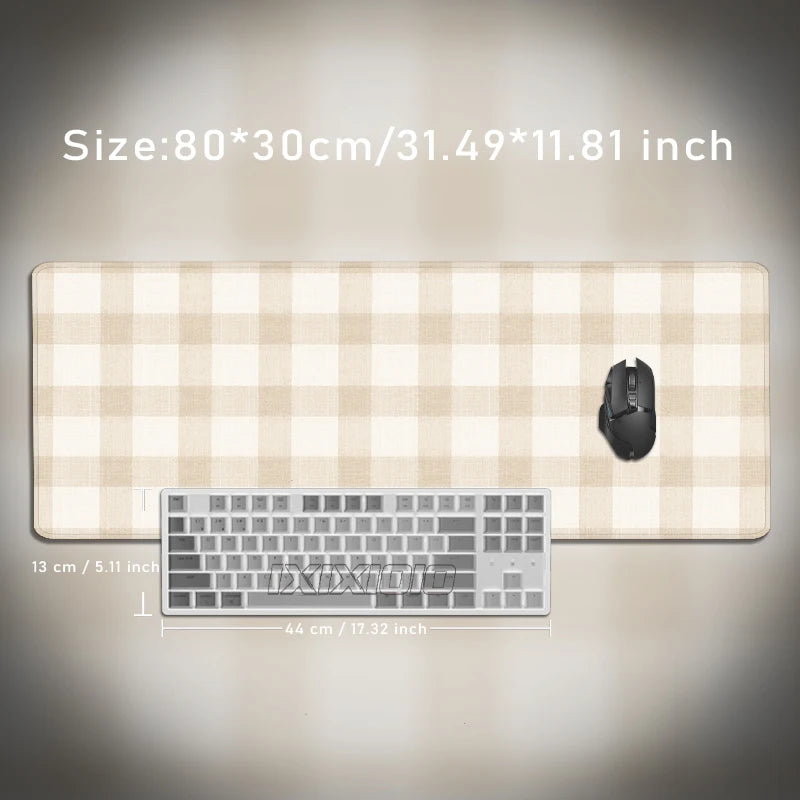 Beige plaid pattern non-slip mouse pad with a black computer mouse and keyboard