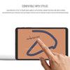 A hand touches a tablet screen displaying a fingerprint or stylus drawing on the glass surface.