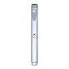 A silver reusable injection pen with an adjustable cartridge shown vertically.