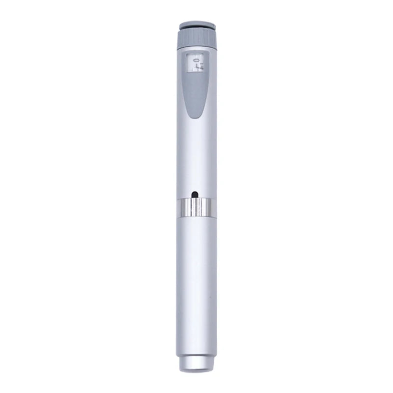 A silver reusable injection pen with an adjustable cartridge shown vertically.