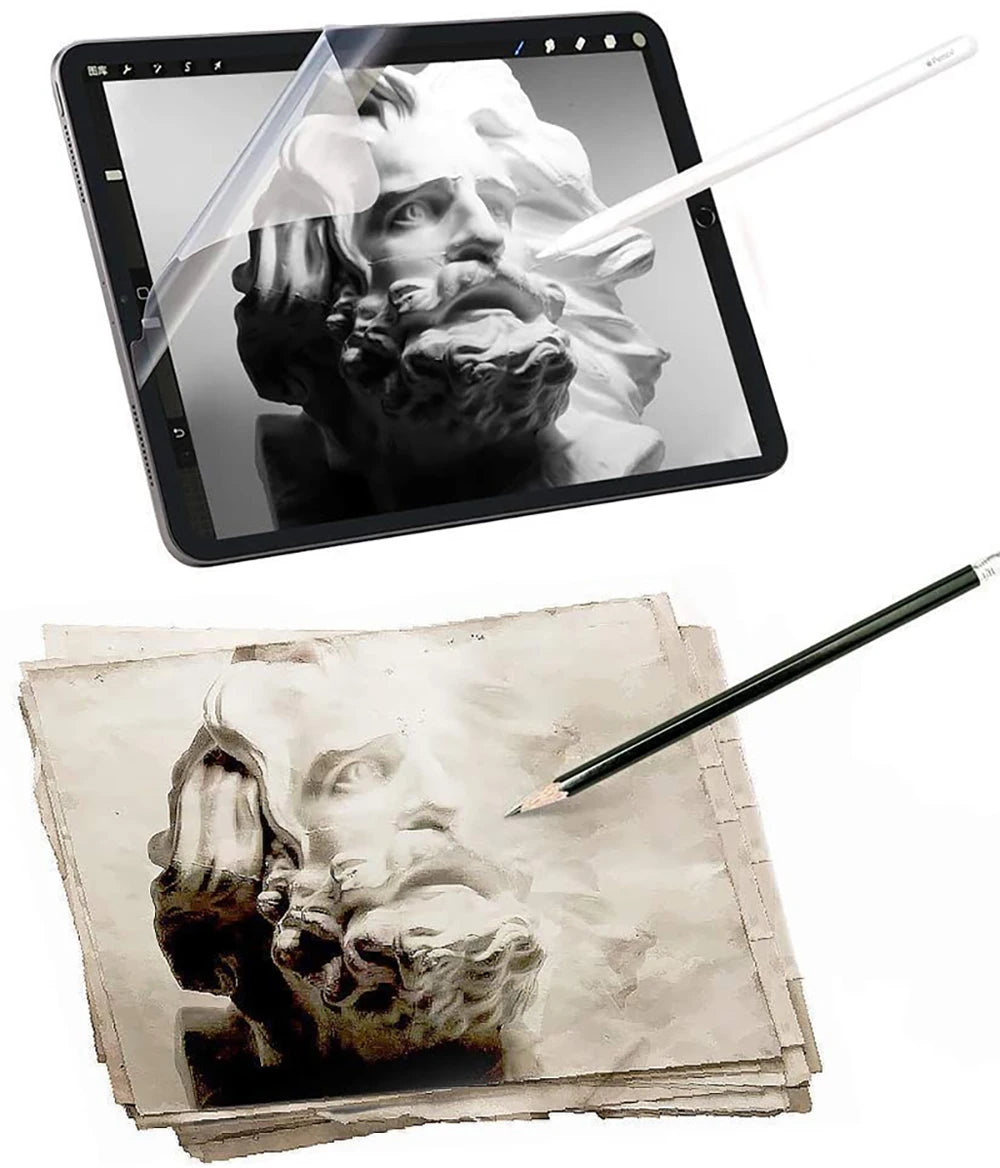 A matte PET screen protector film is shown being used to draw on a piece of paper.