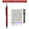 A red ballpoint pen set including one pen, ten refills, and one box of lead with various colored tips.
