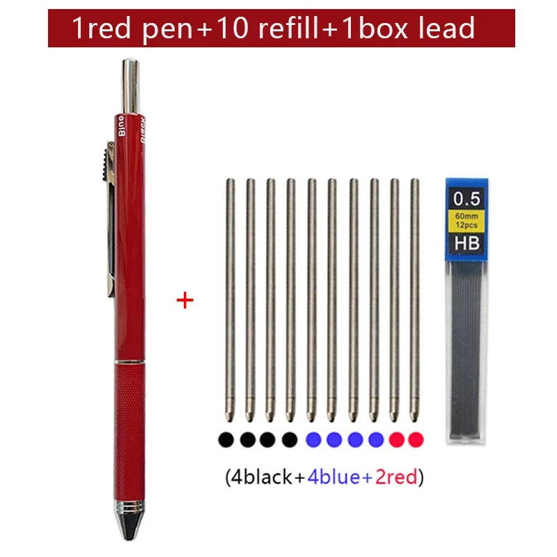 A red ballpoint pen set including one pen, ten refills, and one box of lead with various colored tips.
