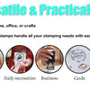 A set of custom self-inking stamps for envelopes, daily necessities, business items, and cards shown next to the stamp tool.