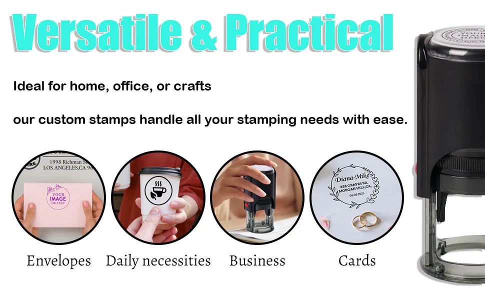 A set of custom self-inking stamps for envelopes, daily necessities, business items, and cards shown next to the stamp tool.