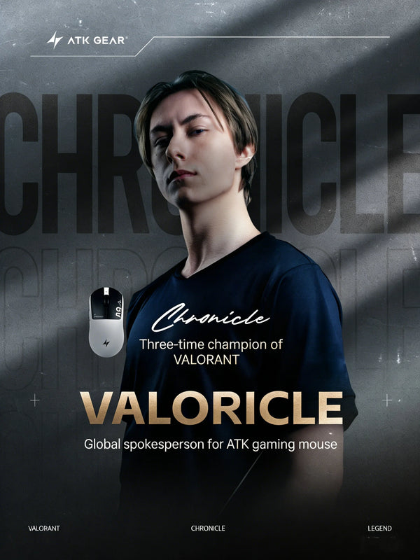 A portrait of a male esports athlete named Chronicle, promoting an ATK GEAR gaming mouse for VALORANT.