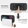 A black screen protector is shown being installed onto a Nintendo Switch console, demonstrating easy installation.