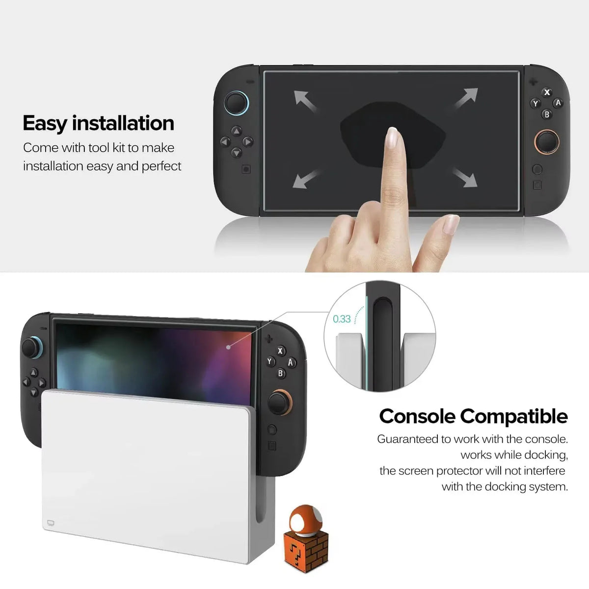 A black screen protector is shown being installed onto a Nintendo Switch console, demonstrating easy installation.