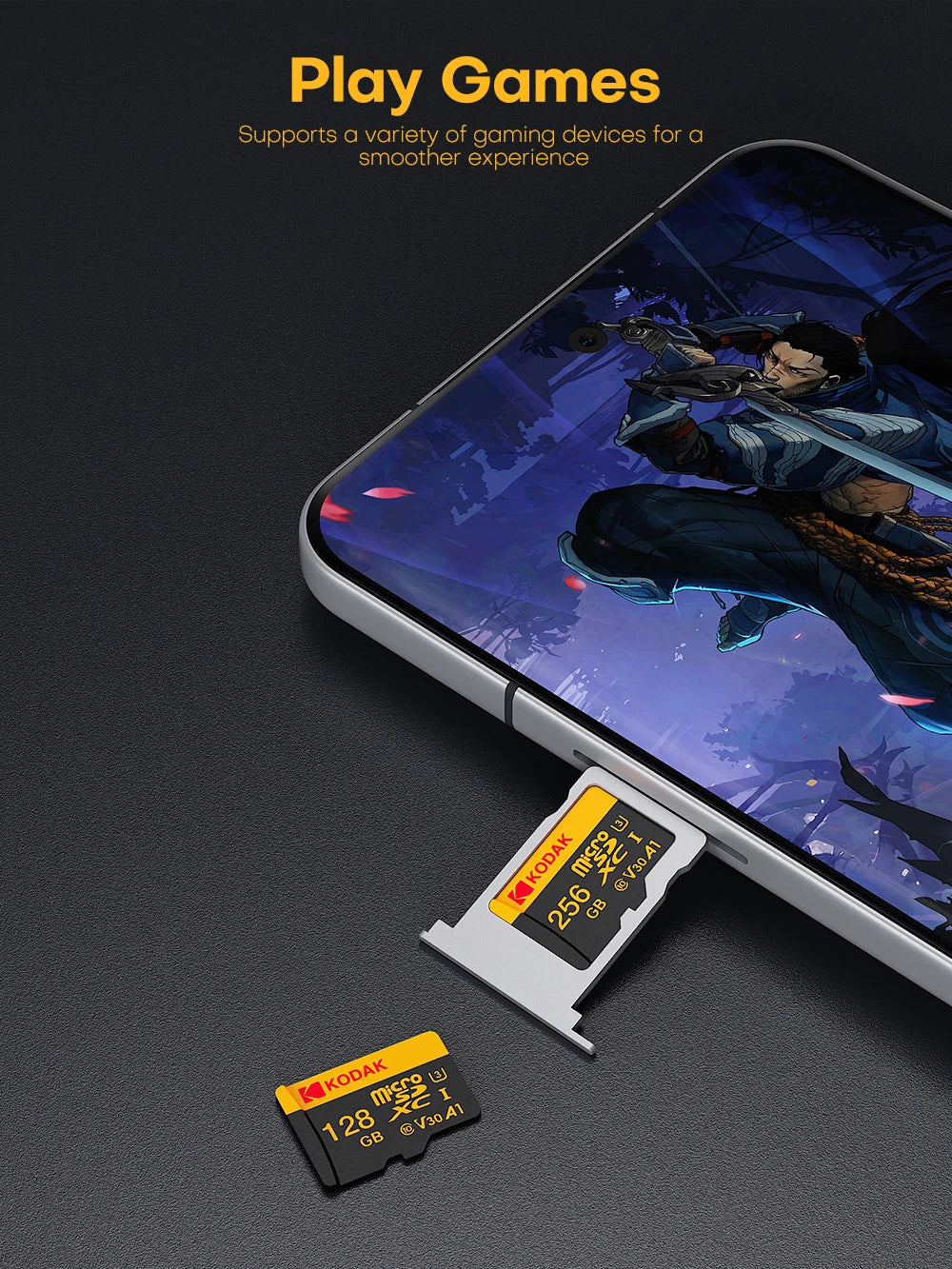 A smartphone displaying a game, next to two Kodak high-speed SD memory cards.