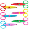 Un juego de seis tijeras de manualidades coloridas con patrones ondulados en rojo, amarillo, rosa y verde.