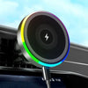 A magnetic wireless car charger with an RGB ambient light is shown mounted on a vehicle dashboard.