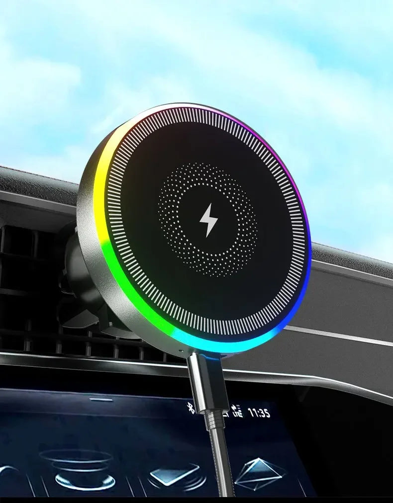 A magnetic wireless car charger with an RGB ambient light is shown mounted on a vehicle dashboard.