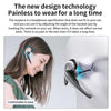 A woman is shown wearing a professional wireless Bluetooth headphone designed to be painless to wear for a long time.