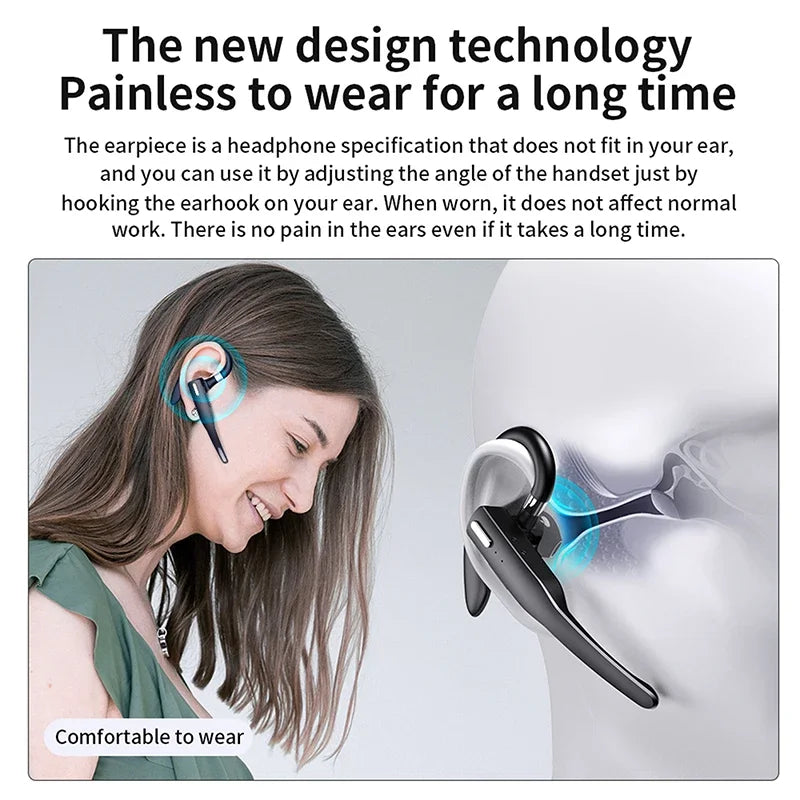 A woman is shown wearing a professional wireless Bluetooth headphone designed to be painless to wear for a long time.