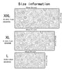 A display showing size information for a black and white topographic map extended gaming mouse pad in various sizes.