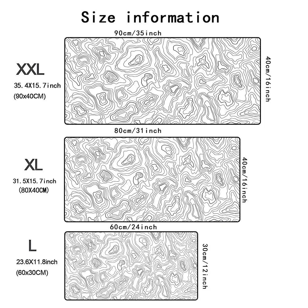 A display showing size information for a black and white topographic map extended gaming mouse pad in various sizes.