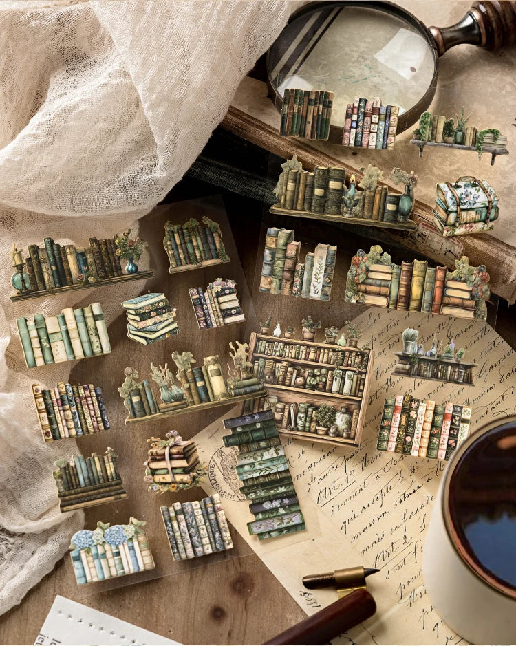 A collection of vintage and antique books used as 3D relief gallery stickers for scrapbooking