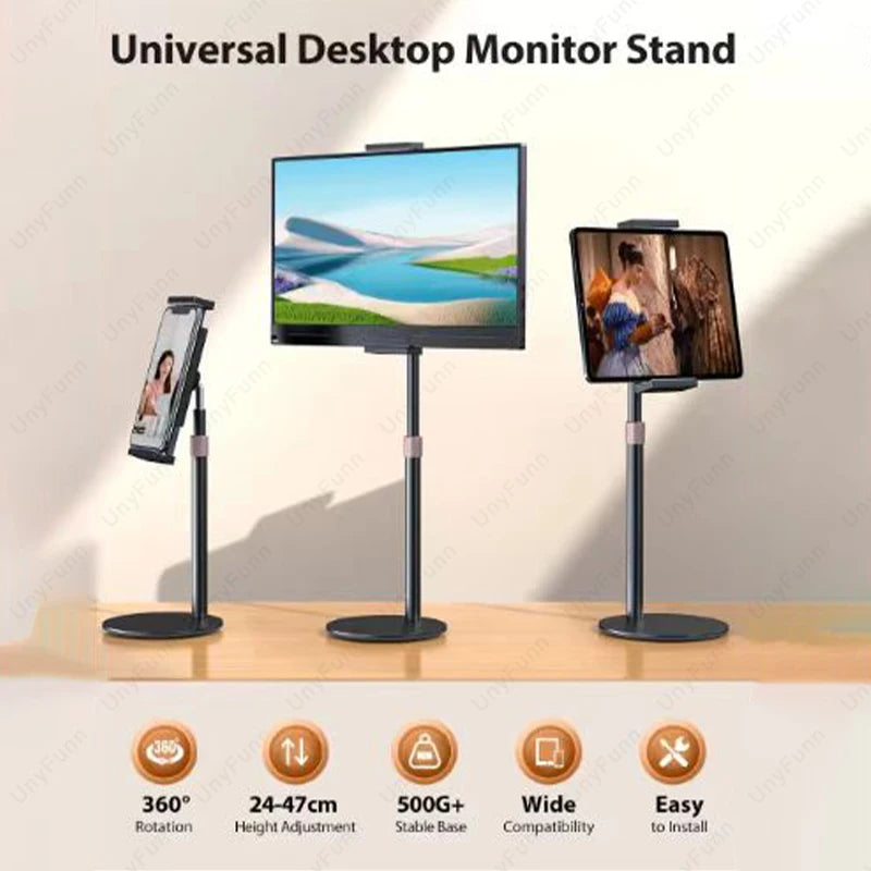 A universal desktop monitor stand with a black adjustable arm supporting a flat-screen monitor.