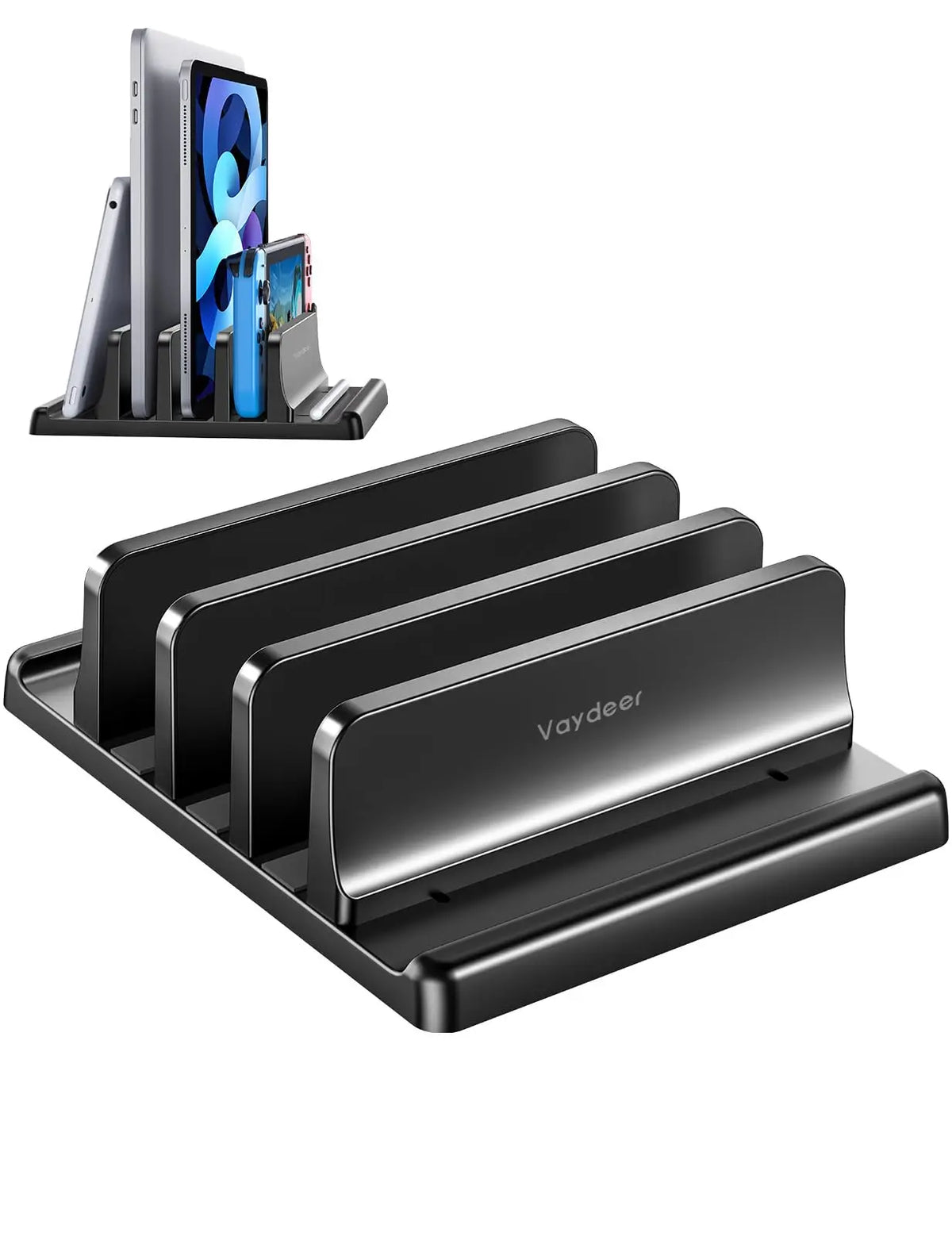 A black laptop stand organizer holding three smartphones vertically.