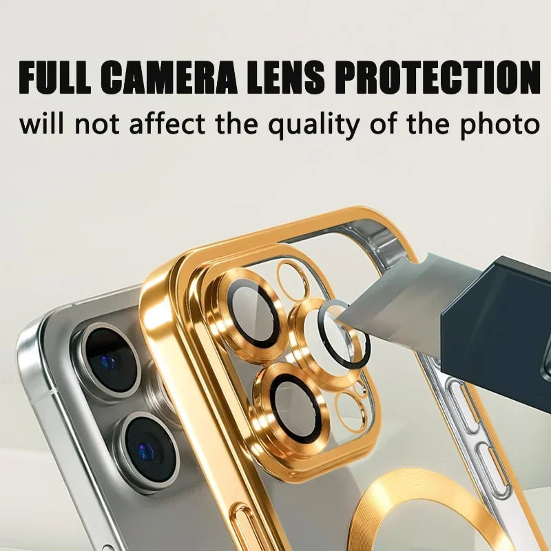 Nahaufnahme einer magnetischen kabellosen iPhone-Hülle mit Schutz für die Kameraoptik.