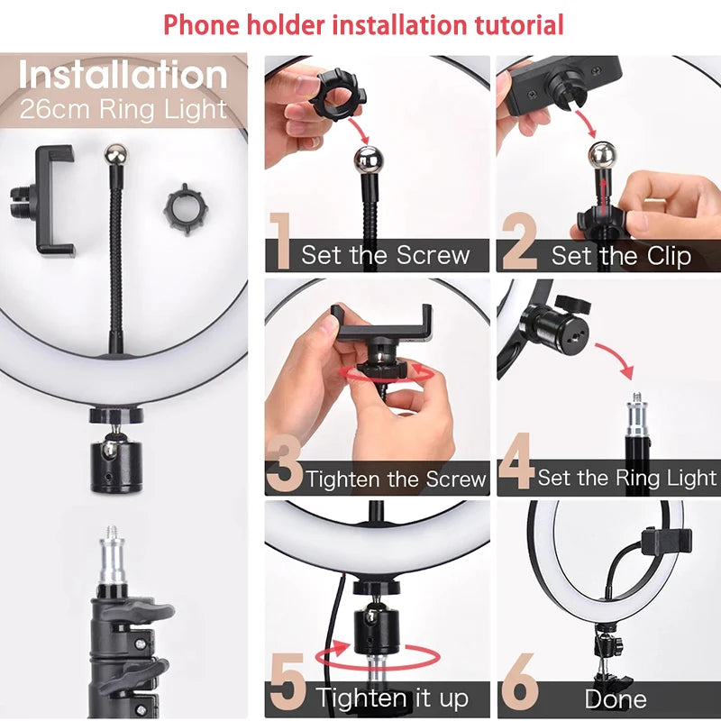 Installation tutorial showing how to install a 26cm ring light on a phone holder using screws and clips.