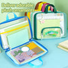 A collection of colorful plush ornaments and a transparent mesh file bag are displayed on a light blue surface.