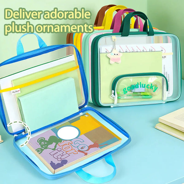 A collection of colorful plush ornaments and a transparent mesh file bag are displayed on a light blue surface.