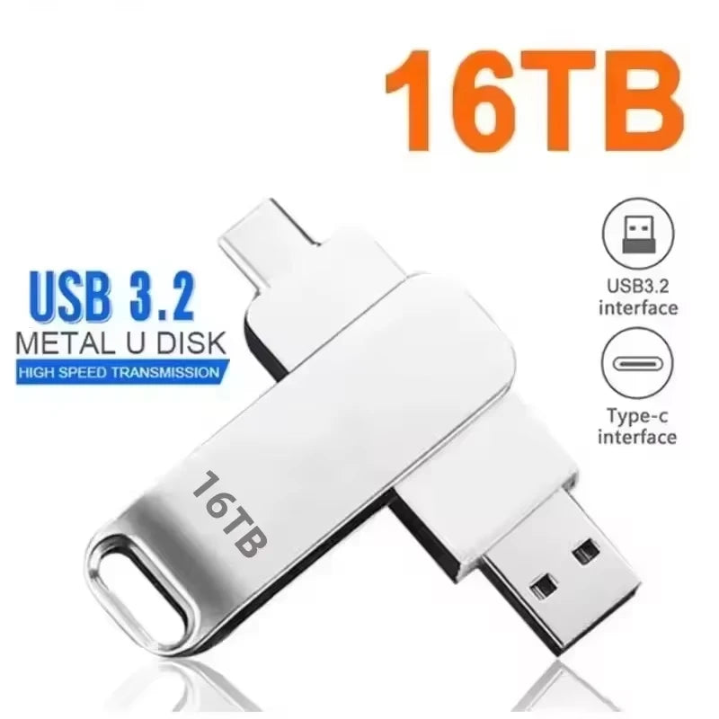 Silver 16TB USB 3.2 Metal U disk with Type-C interface for high-speed data storage