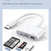 A white multi-use card reader adapter showing various SD cards, a TF card, and a U disk.