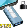 Adaptateur de clé USB bleue avec connecteur et fiche métallique à côté d'un smartphone.