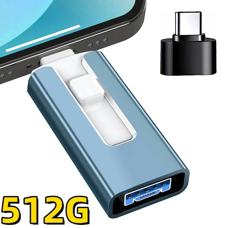 Adaptateur de clé USB bleue avec connecteur et fiche métallique à côté d'un smartphone.