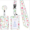 Floral retractable badge reel with lanyard featuring a pink and green floral pattern and an ID card holder.